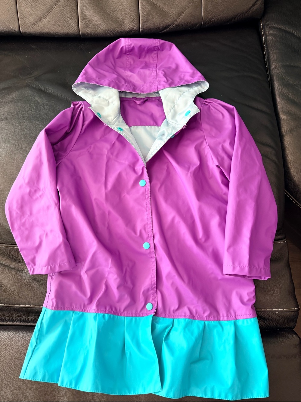 Kids Waterproof Hooded Raincoat - Purple with Teal Ruffle